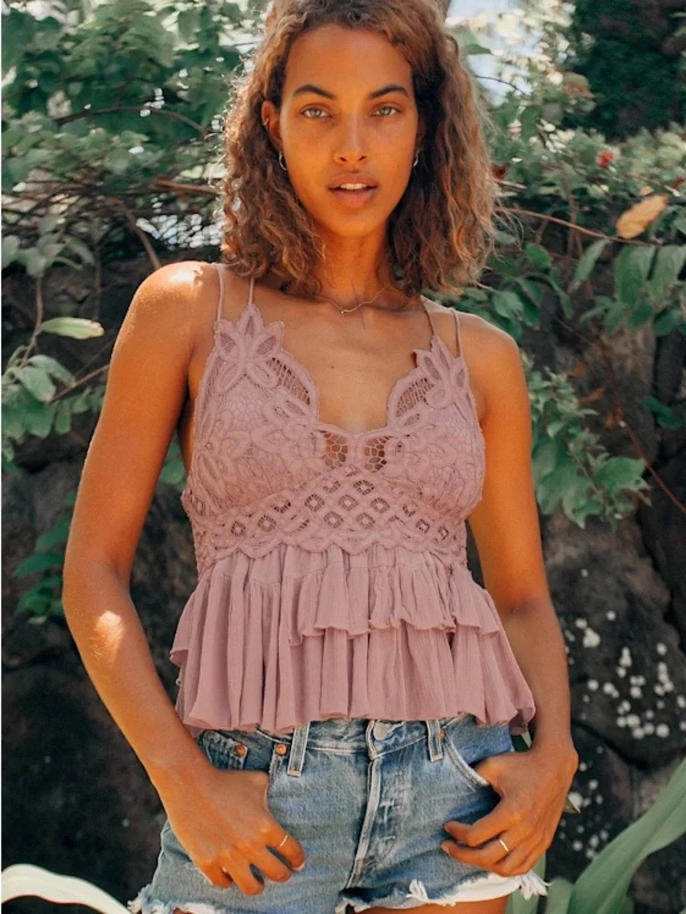 NWT-Free People Adella Lace Ruffle Cami Top in Mauve Pink-Size XS